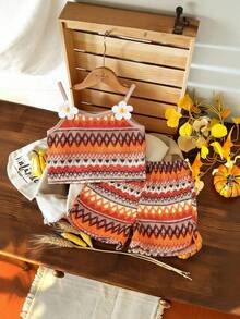 SHEIN Vintaside Kids 2 件套女婴时尚假日图案吊带背心和短裤套装，适合暑假旅行 - 彩色 - 查看 1