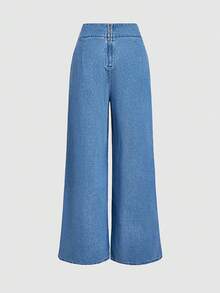 SHEIN MOD 女士休闲通勤水洗阔腿牛仔裤 - 藍色 - 查看 2