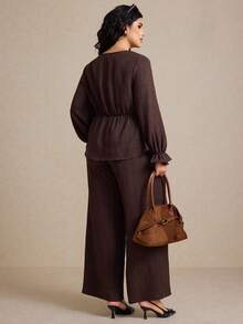 Elaquor Plus Size Solid Color Loose Long Sleeve Top And Wide Leg Pants 2 Pieces Set - Coffee Brown - View 2
