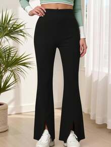 SHEIN 青少年女孩休闲喇叭裤，侧开衩，百搭别致学院风长裤