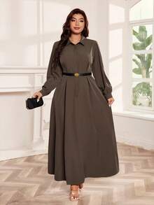 SHEIN Clasi Vestido de manga farol de unicolor elegante talla grande, adecuado para ir al trabajo - Marrón - Ver 4