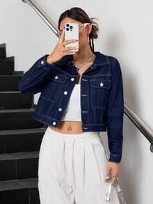 SHEIN 少女深蓝色牛仔翻领长袖短款夹克 - 深色水洗藍 - 查看 1