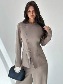 Firerie Bộ vest 2 món màu xám kaki thanh lịch, thời trang đường phố đa năng hàng ngày dành cho nữ, thu/đông, ve áo lệch không đối xứng, thắt nút eo, tay dài, quần cạp cao - Xám - Xem 10