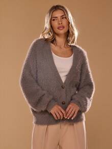 SHEIN BAE Women's Casual Loose Deep V-Neck Cardigan, Autumn/Winter,Fall Clothes For Women,Fall Sweaters,Winter Clothes Women,Halloween,Halloween Clothes Women,Cardigans,Jumpers,Halloween Sweater,Gray Sweater,Gray Cardigan Sweater, - Grey - View 5