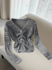 Franclia Nouveau pull tricoté court à col en V creux avec cordon de serrage, design d'Halloween, pour l'automne. pull tricoté décontracté pour les femmes, idéal pour les vacances, les trajets domicile-travail. Convient pour les tenues élégantes, décontractées, de bureau ou professionnelles en été, automne et hiver. - Gris - Voir 1