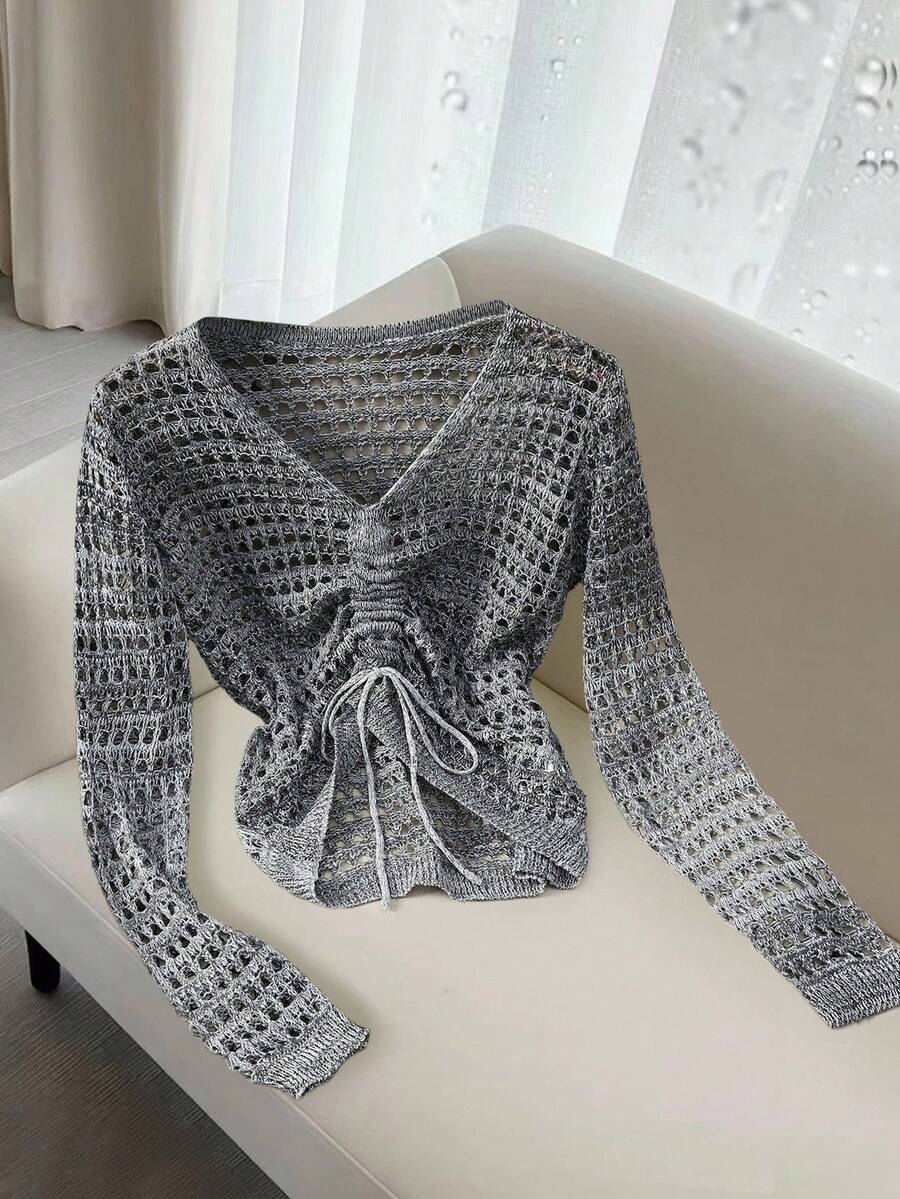 Franclia Nouveau pull tricoté court à col en V creux avec cordon de serrage, design d'Halloween, pour l'automne. pull tricoté décontracté pour les femmes, idéal pour les vacances, les trajets domicile-travail. Convient pour les tenues élégantes, décontractées, de bureau ou professionnelles en été, automne et hiver. - Gris - Voir 1