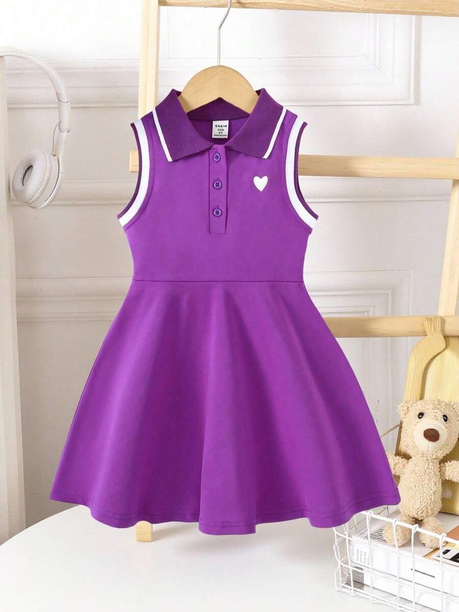 SHEIN Elladie kids 年轻女孩心形条纹图案 Polo 领无袖连衣裙，校园风格，夏季 - 紫羅蘭色 - 查看 1