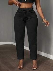 Slaydiva 大码女式不对称腰部口袋休闲锥形牛仔裤 - 黑色 - 查看 2