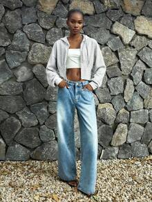 Lumivelle 女士休闲时尚年轻简约百搭修身连帽拉链短款腰部运动衫，秋冬 - 灰色 - 查看 5