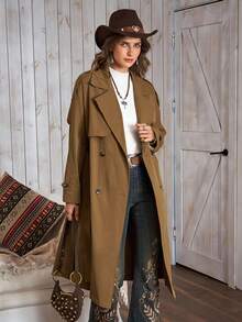 女士复古经典双排扣翻领系腰休闲中长款风衣，LanaWest - 棕色 - 查看 3