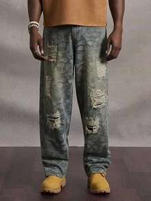 PAVTROS Manfinity Streetrush Men's Distressed Patch Jacquard Retro Jeans,Loose Wide Leg Long Denim Pants,Aqua Blue Summer Streetwear City Break Acid Washed - Medium Wash - View 3