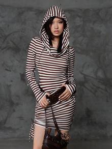 Bloopia Women's Autumn/Winter Halloween Y2K Chic Casual Ruched Striped Digital Print Hooded Long Sleeve Midi Dress Fall Cloth For Women - Multicolor - View 1