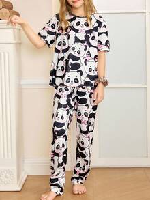 Tween Girl Cute Cartoon Panda Print Short Sleeve Pajama Set