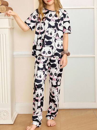 Tween Girl Cute Cartoon Panda Print Short Sleeve Pajama Set