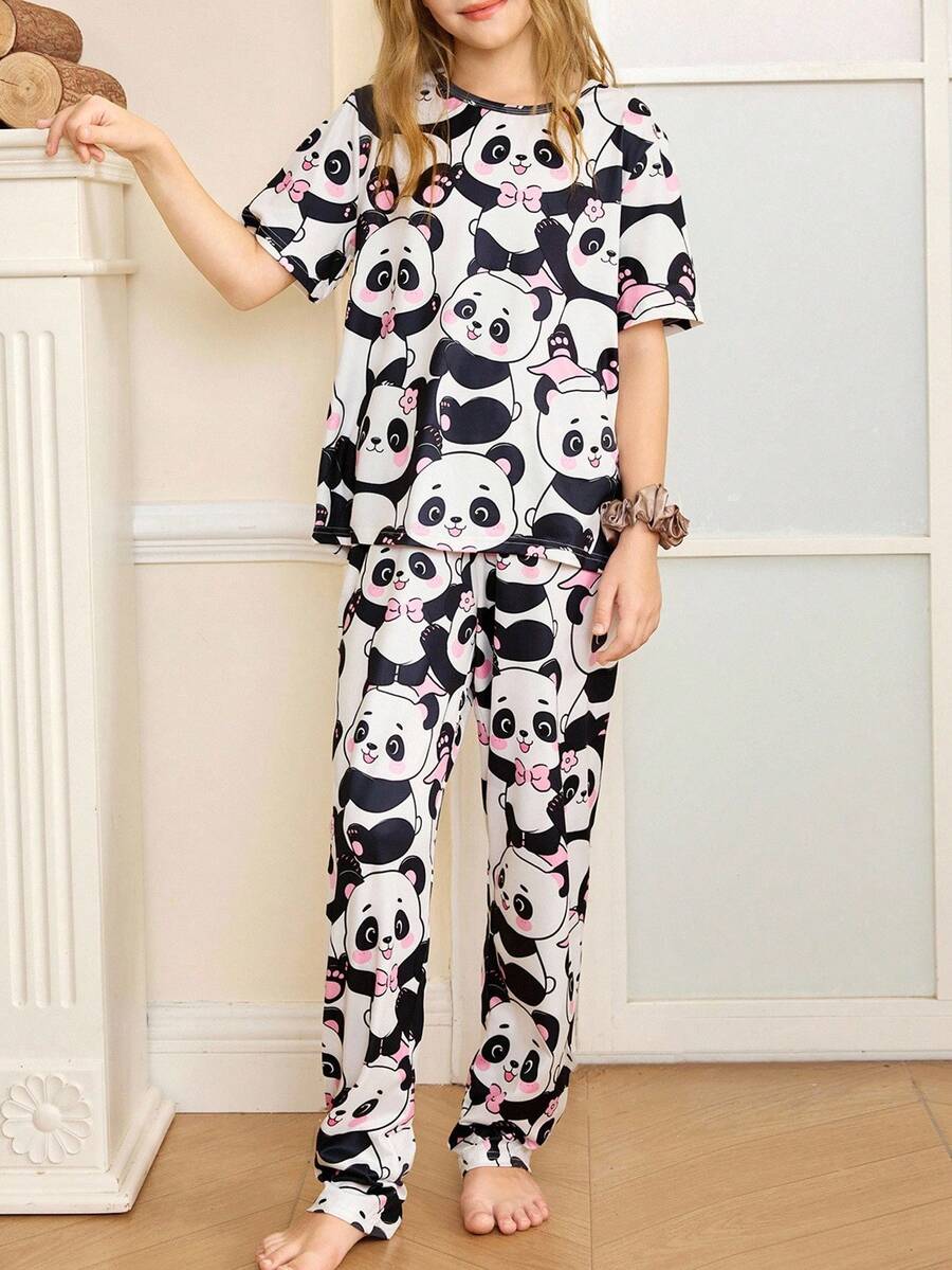 Tween Girl Cute Cartoon Panda Print Short Sleeve Pajama Set