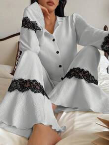 SHEIN 两件套女士休闲长袖撞色蕾丝上衣和裤子睡衣套装 关键词：两件套睡衣套装，秋冬服装 - 灰色 - 查看 5