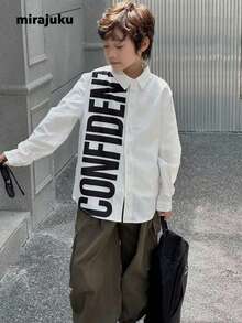 Mirajuku Tween BoyCasual Minimalist Letter Print Design White Long Sleeve Shirt, Suitable For Casual And Work Wear - White - View 6