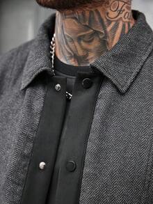 Manfinity CasualCool 男士撞色长袖单排扣休闲羊毛混纺夹克，秋冬 - 黑色 - 查看 7