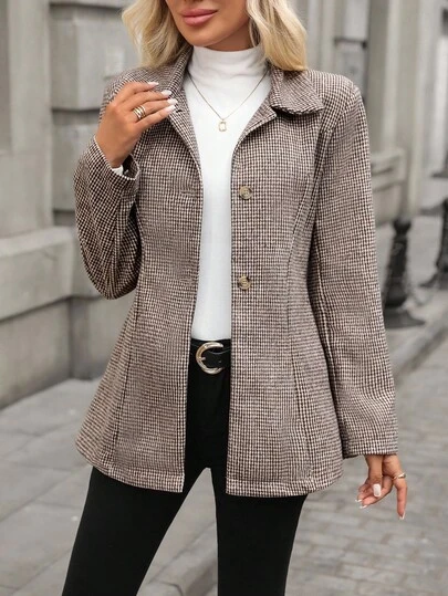 EMERY ROSE 女士休闲/商务前扣长袖大衣 格纹女士冬季外套 秋装 女士秋装 女士冬季夹克 女士办公室服装