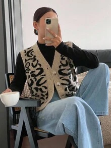 Siren Gaze Damen Strickweste mit Leoparden-Muster und V-Ausschnitt, Knopfleiste, Herbst/Winter