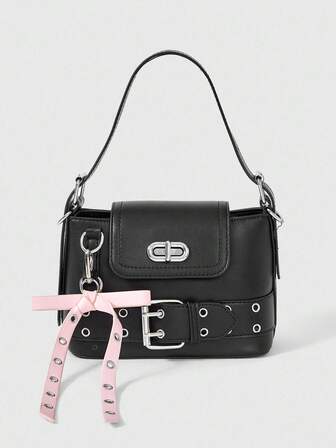 Kawaii Borsa a secchiello in stile Y2K alla moda, in materiale PU nero con fiocco rosa, chiusura a chiusura lampo con chiusura a gancio metallica decorativa, tracolla regolabile, stile dolce e frizzante da ragazza piccante