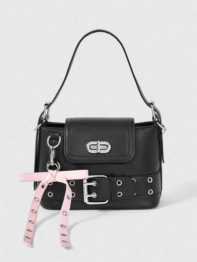Kawaii Black PU Material Hit Pink Bow Charm Metal Air Eye Buckle Tabs With Decorative Twist Lock Zip Closure Adjustable Shoulder Strap Fashion Y2K Style Bucket Bag Spicy Girl Sweet Cool Style Ladies Shoulder Bag