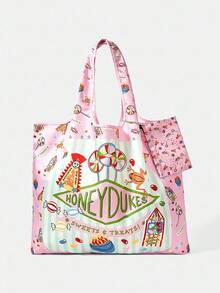 HARRY POTTER X SHEIN Women's Retro Letter & Cartoon Pattern Large Capacity Tote Bag - Multicolor - View 1