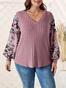 Rosumi Plus Floral Print Lantern Sleeve Tee