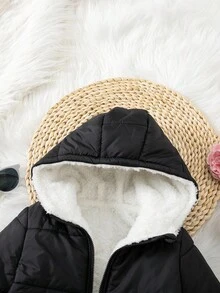 SHEIN 女婴可爱休闲保暖内衬黑色连帽棉衣，百搭保暖，适合秋冬 - 黑色 - 查看 9