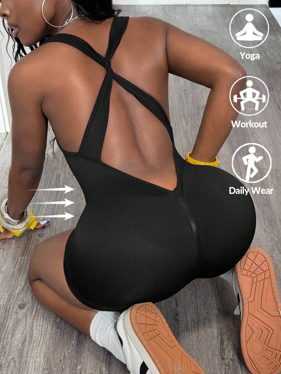 Slaydiva Women's Solid Color Criss-Cross Back Casual Fitness Sports Romper - Black - View 1