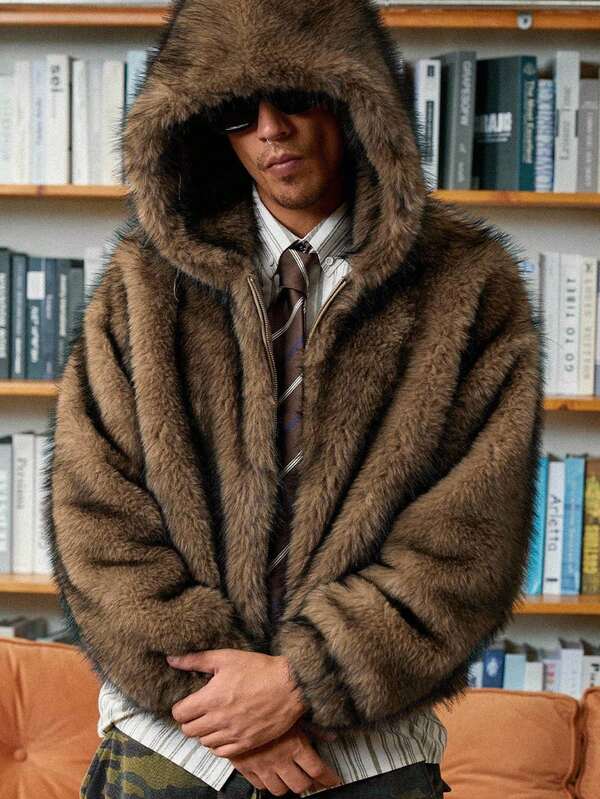 STEELVANCE Men's Winter Long Sleeve Zip-Up Casual Hooded Faux Fur Coat, Fall