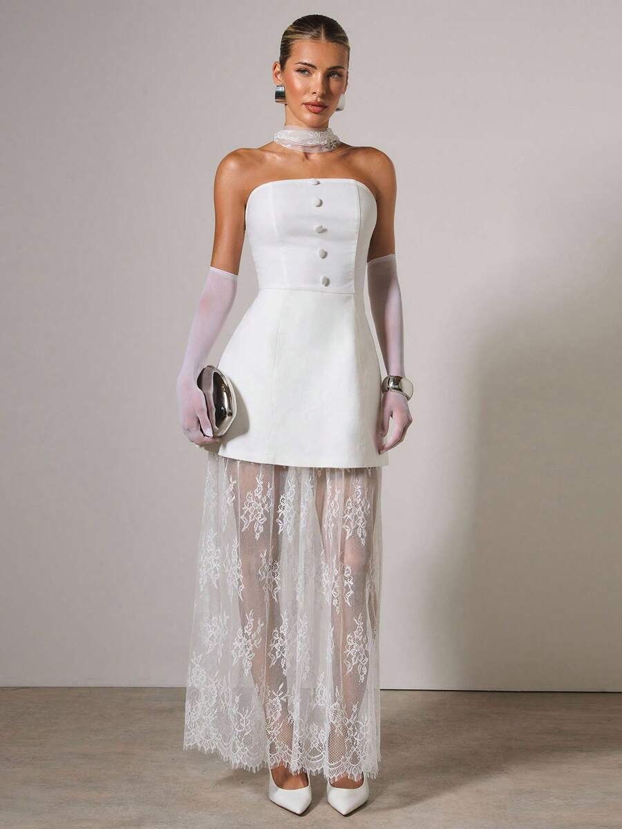 COSMINA Women's Fashionable Elegant Lace Patchwork Dress - White - View 1