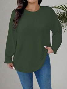 EMERY ROSE Plus Size Women Knitted Crew Neck Cable Sleeve Casual Shirt - Green - View 3