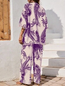 EMERY ROSE Bộ 2 món áo khoác cardigan dáng rộng và quần ống rộng cho nữ - Màu tím - Xem 2