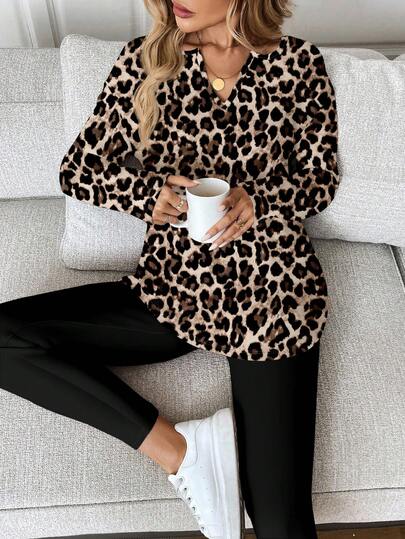 EMERY ROSE 2pcs/Set Women Leopard Print Contrast Color Long Sleeve T-Shirt And Leggings,  Leopard Print Top Work From Home Outfit Cheetah Print Outfit Women Leopard Shirt Animal Print Outfit Leopard Print Outfit Animal Print Top,