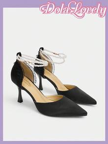 Dola Lovely Women's Black High Heel Lolita Style Cute & Elegant Pearl Chain Bow Pointed Toe Pumps, Suitable For Halloween And Christmas - Black - View 8