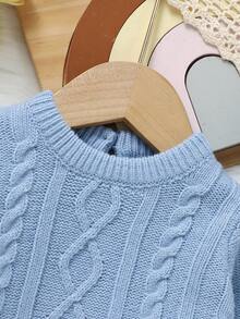 3pcs/Set Infant Cable Knit Sweater, Matching Pants And Hat, Blue Baby Boy Winter Clothes Baby Winter Outfit Toddler Knit Set Baby Blue Knitted Outfit Knit Baby Outfit Baby Boys Winter Clothes Baby Boys Fall Clothes Baby Boys Fall Outfits