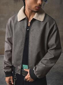 AXEPEAK Vintage Men's Solid Color Drop Shoulder Casual Zip-Up Fashionable Jacket, Grunge, Fall/Winter - Black - View 3