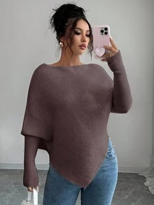 Selianne 女式不对称蝙蝠袖圆领休闲优雅针织毛衣上衣，适合春秋冬季度假和节日穿着 - 咖啡棕 - 查看 5