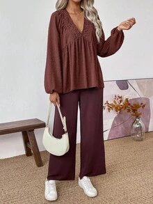 EMERY ROSE 2 piezas Conjunto de top de manga larga con cuello en V profundo y volantes y pantalones rectos de tela texturizada marrón, adecuado para viajes, ir al trabajo, estilo occidental, otoño/invierno de mujeres - Marrón - Ver 7