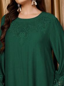 Graceveil 女士圆领长袖长上衣和直筒裤蕾丝拼接宽松休闲高端舒适大码套装 - 綠色 - 查看 7