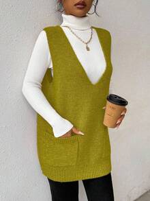 EMERY ROSE Women's Solid Color Deep V-Neck Pocket Design Casual Loose Knitted Vest, Autumn/Winter - Green - View 5