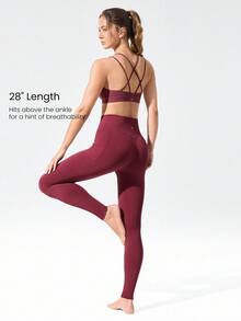 GLOWMODE 28" FeatherFit™-Warm High Waist Leggings With Side Pockets Low Impact Yoga Pilates Daily Autumn Winter - Burgundy - View 3