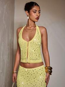 SHEIN BAE 女士优雅水晶装饰黄色露脐上衣，水钻上衣，夜店上衣，派对上衣 - 黃色 - 查看 5