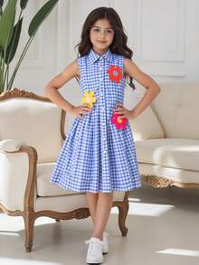 1pc Colorful Floral 3D Decor Gingham Fabric Dress, Sweet And Cute - Blue - View 3