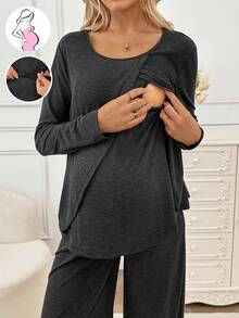 SHEIN 2pcs Maternity Casual Solid Color Long Sleeve Top And Pants Set