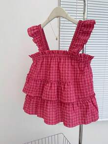 INAWLY 大码女式休闲无袖荷叶边下摆衬衫，夏季 - 玫紅色 - 查看 3