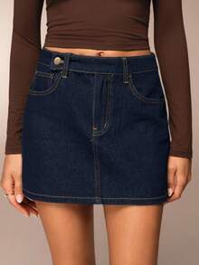 Avantive Women's Solid Color Fashion Simple Design Versatile Casual Denim Skirt Denim Skorts For Women Jean Skirt Y2k Jean Skirt Mini Casual New Year Look Halloween Fall Clothes For Women /Winter/Autumn/Out Outfits/Birthday Outfits/Casual/Millennium /2000/90s/Western-Style Women/Club/Office/Cocktails/Retro /Rave Outfits Festival/Fun/Classic/Old Money/Streetwear/Workwear/Bachelorette Outfits/Concert/Basic/Gong Out/Elegant/Casual/Going Out - Dark Wash - View 3