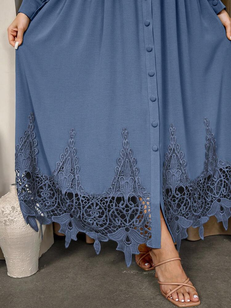 Graceveil Plus Size Long Sleeve Solid Color Lace Waist Belt Elegant Casual Dress - Blue - View 4