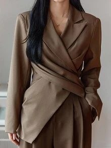 DAZY 女士裹身领系带后腰常规款西装外套 秋冬商务装 - 卡其色 - 查看 6